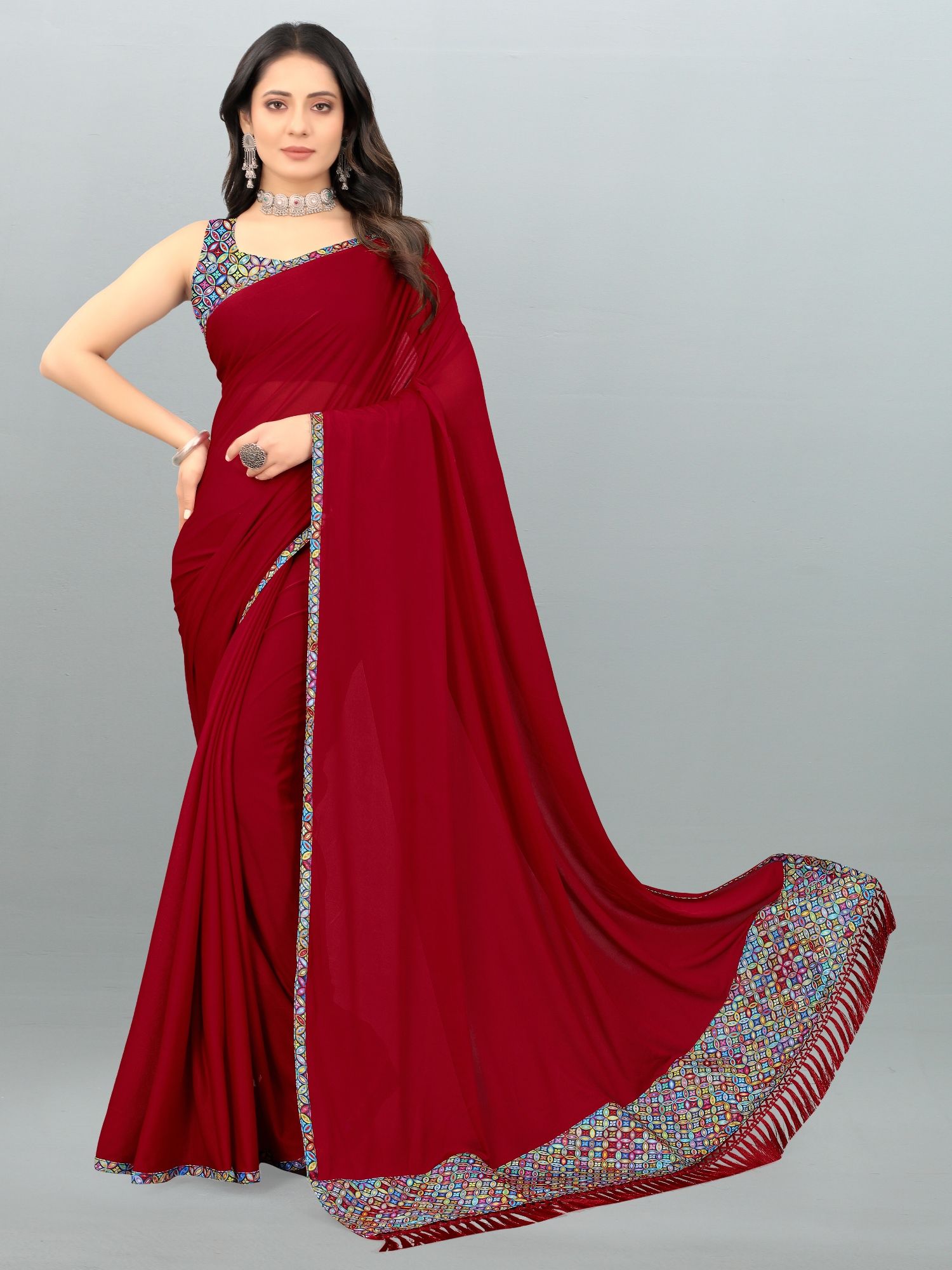     			Apnisha - Red Lycra Saree With Blouse Piece ( Pack of 1 )