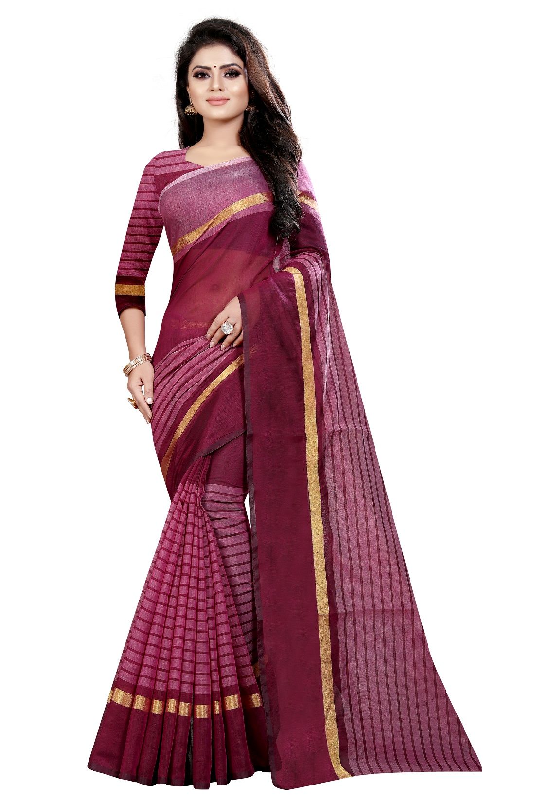     			Apnisha - Wine Cotton Saree With Blouse Piece ( Pack of 1 )