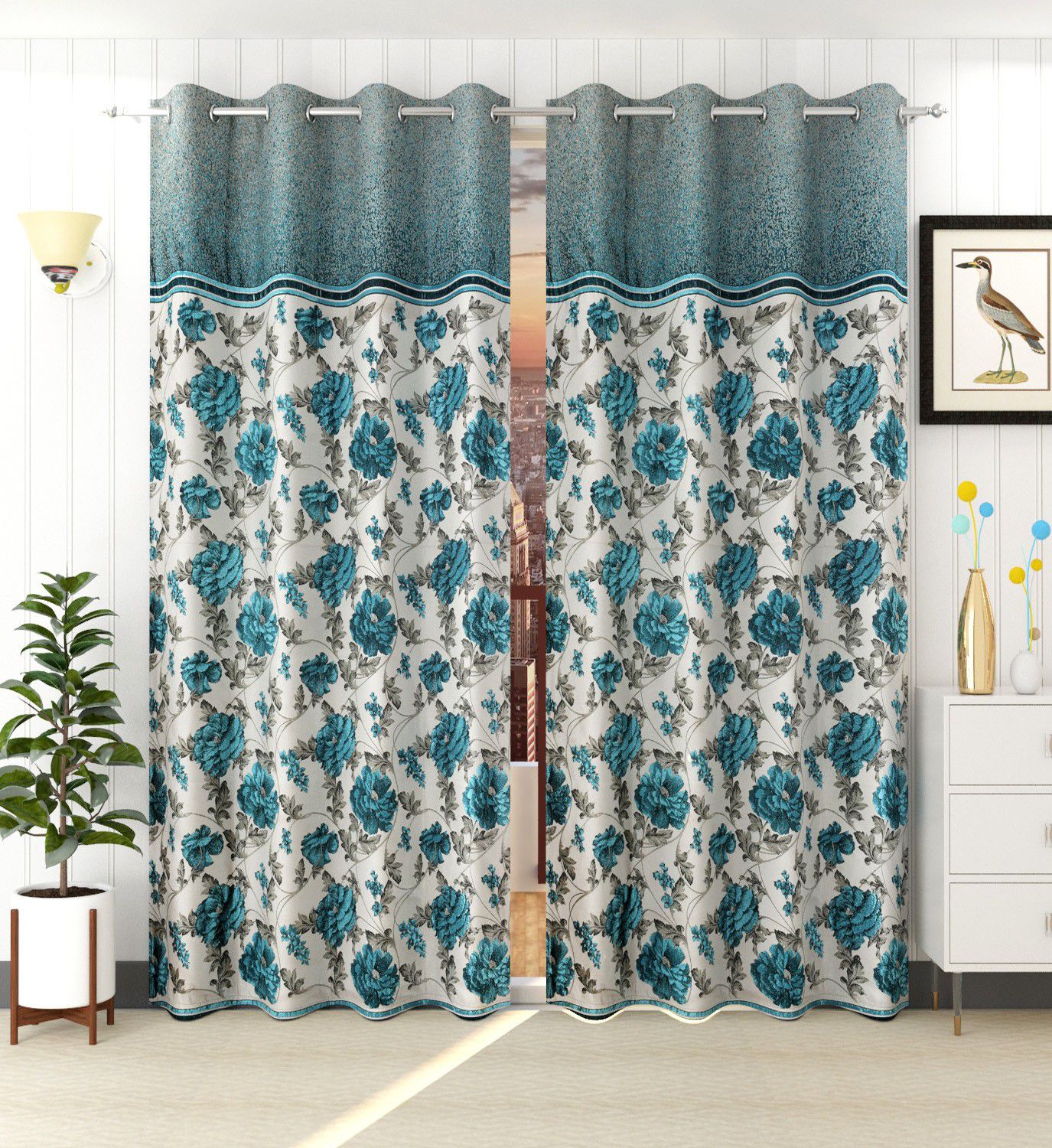     			FURNISHING HUT Floral Room Darkening Eyelet Curtain 5 ft ( Pack of 2 ) - Blue