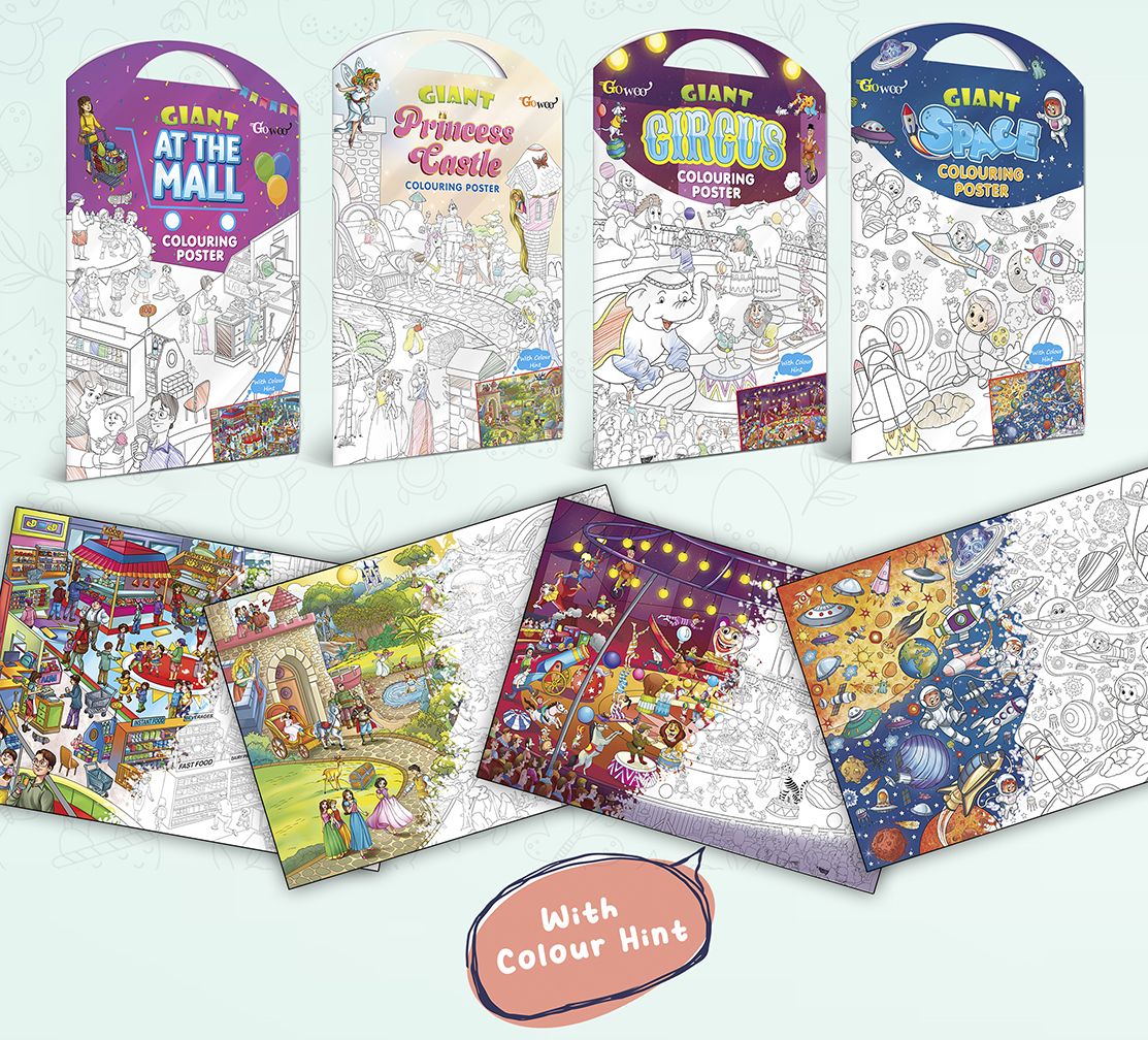     			GIANT AT THE MALL COLOURING POSTER, GIANT PRINCESS CASTLE COLOURING POSTER, GIANT CIRCUS COLOURING POSTER and GIANT SPACE COLOURING POSTER | Combo pack of 4 Posters I giant coloring posters for classroom