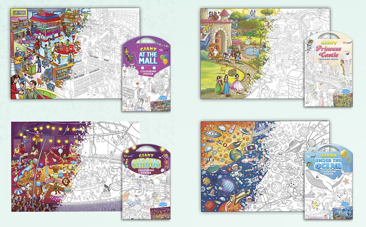     			GIANT AT THE MALL COLOURING POSTER, GIANT PRINCESS CASTLE COLOURING POSTER, GIANT CIRCUS COLOURING POSTER and GIANT UNDER THE OCEAN COLOURING POSTER | Combo of 4 Posters I Popular among kids coloring posters