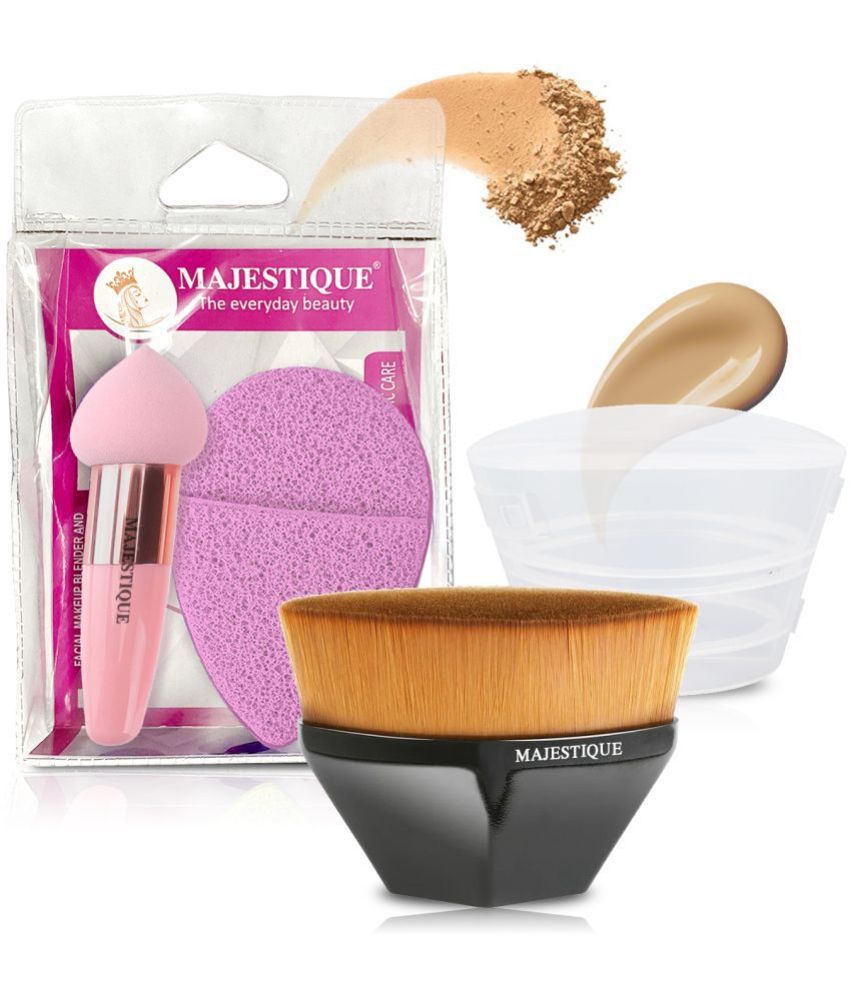     			Majestique Flat Foundation Brush With Facial Cleaning Sponge And Makeup Sponge(Pack Of 3)