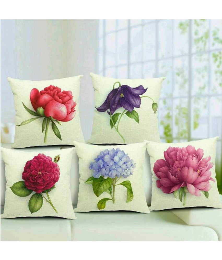     			Home Solution Set of 5 Jute Floral Printed Square Cushion Cover (40X40)cm - Multi