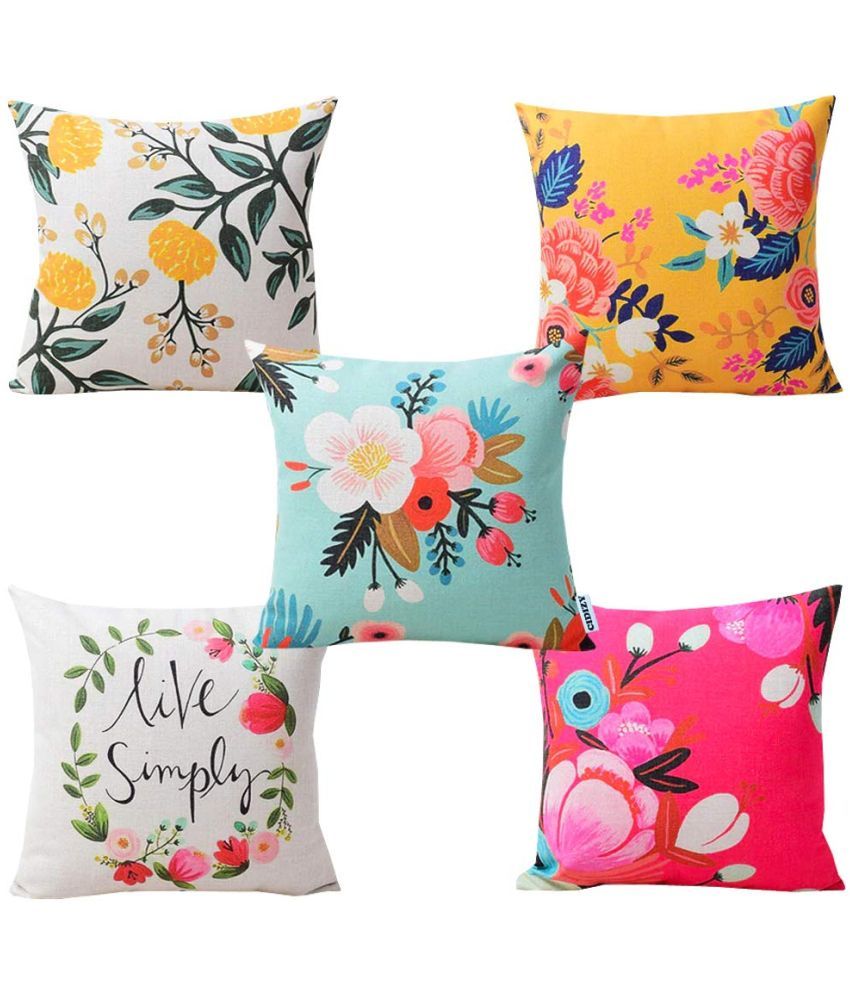     			Home Solution Set of 5 Jute Floral Printed Square Cushion Cover (40X40)cm - Multi