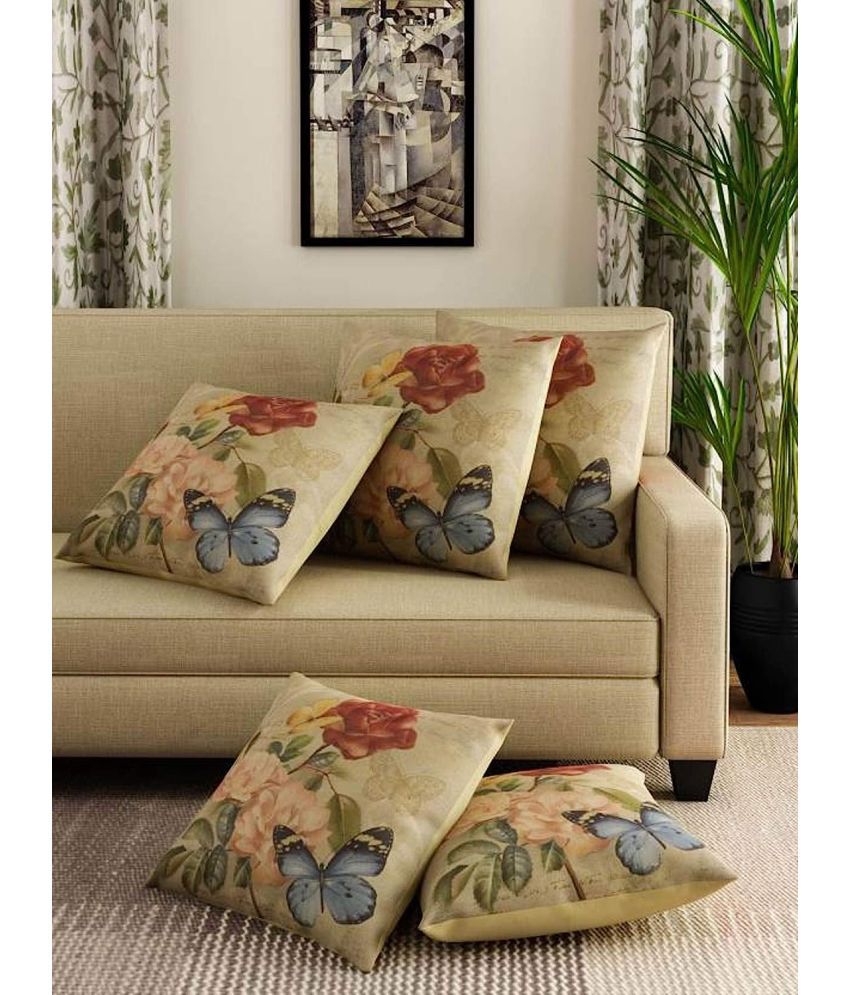     			Koli collections Set of 5 Jute Floral Square Cushion Cover (40X40)cm - Beige