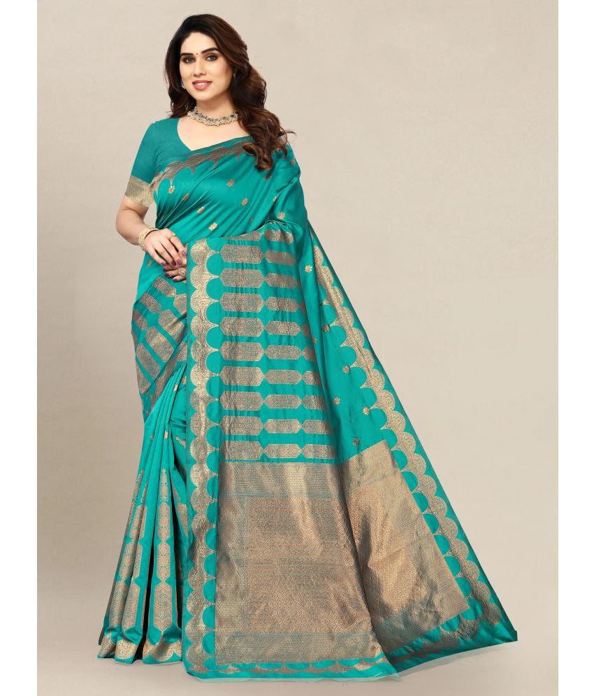     			Om Shantam Sarees - Sea Green Banarasi Silk Saree With Blouse Piece ( Pack of 1 )