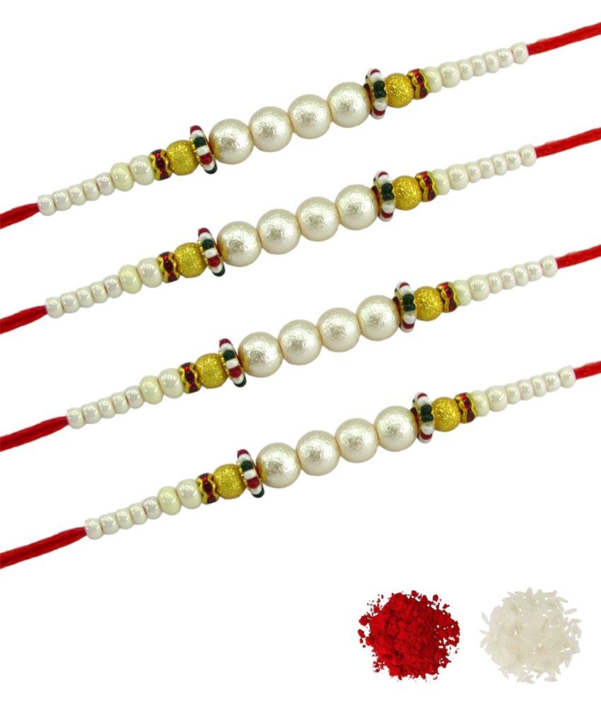     			THRIFTKART Rakhi Set White White pearl Rakhi for brother Pack of 4