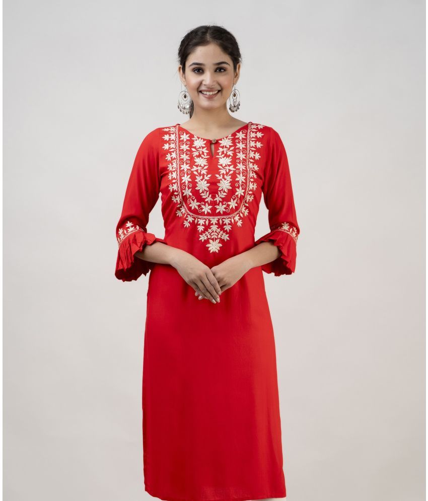     			MAUKA - Red Rayon Women's Straight Kurti ( Pack of 1 )