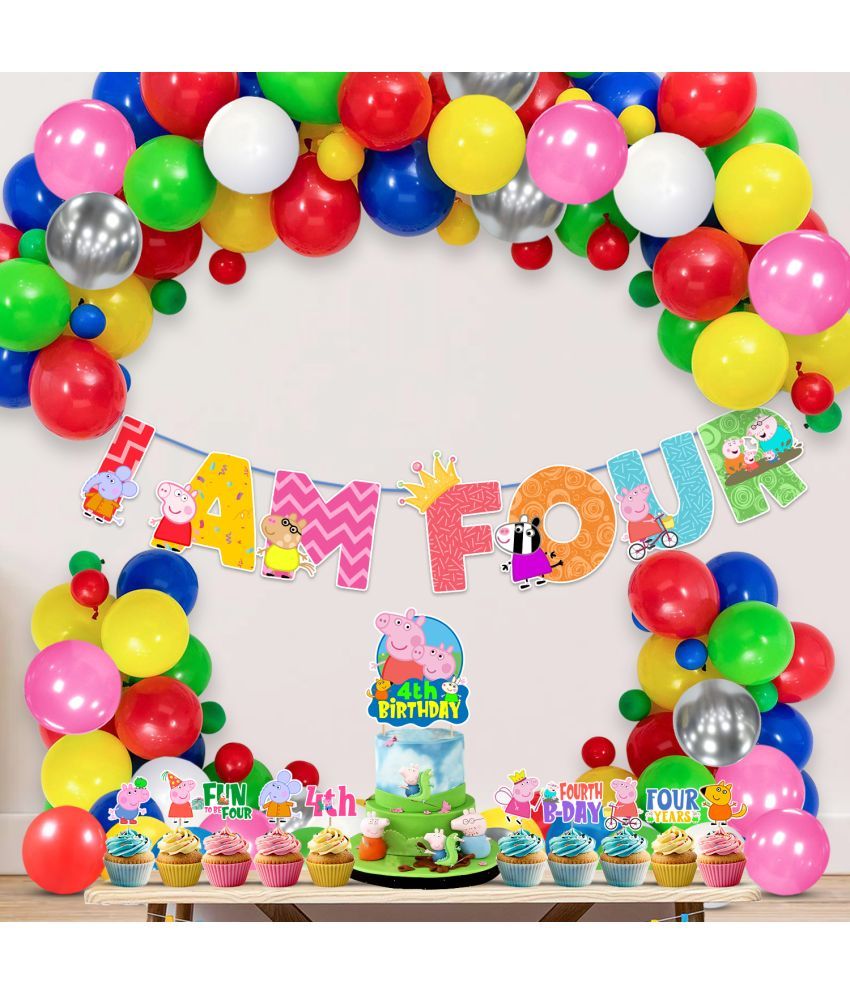     			Zyozi Multicolor Peppa Pig Birthday Party Decorations Combo Include Happy Birthday Banner, Cake Topper, Balloons, Cupcake Toppers, Pig Party Supplies for Kids (Pack of 37) (4th BIRTHDAY)