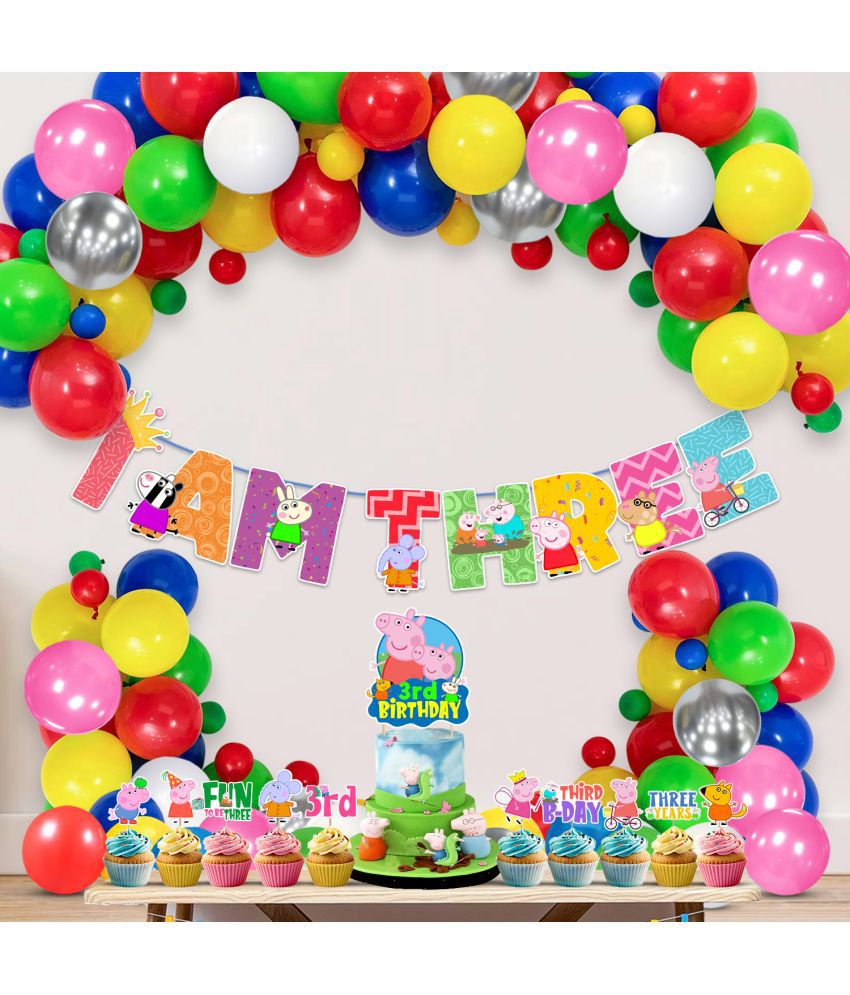     			Zyozi Multicolor Peppa Pig Birthday Party Decorations Combo Include Happy Birthday Banner, Cake Topper, Balloons, Cupcake Toppers, Pig Party Supplies for Kids (Pack of 37) (3rd BIRTHDAY)