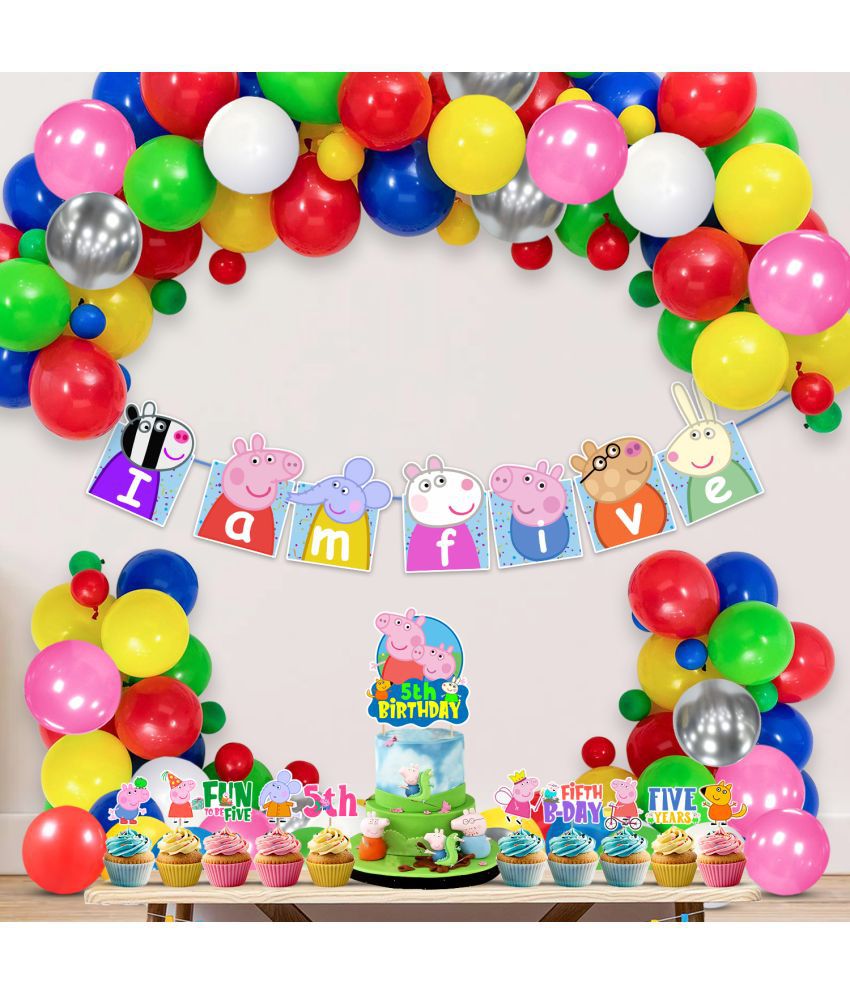     			Zyozi Peppa Pig 5th Birthday Party Decorations Combo Include Happy Birthday Banner, Pepaa Pig Cake Topper, Multicolor Balloons, Cupcake Toppers, Pig Party Supplies for Kids (Pack of 37)