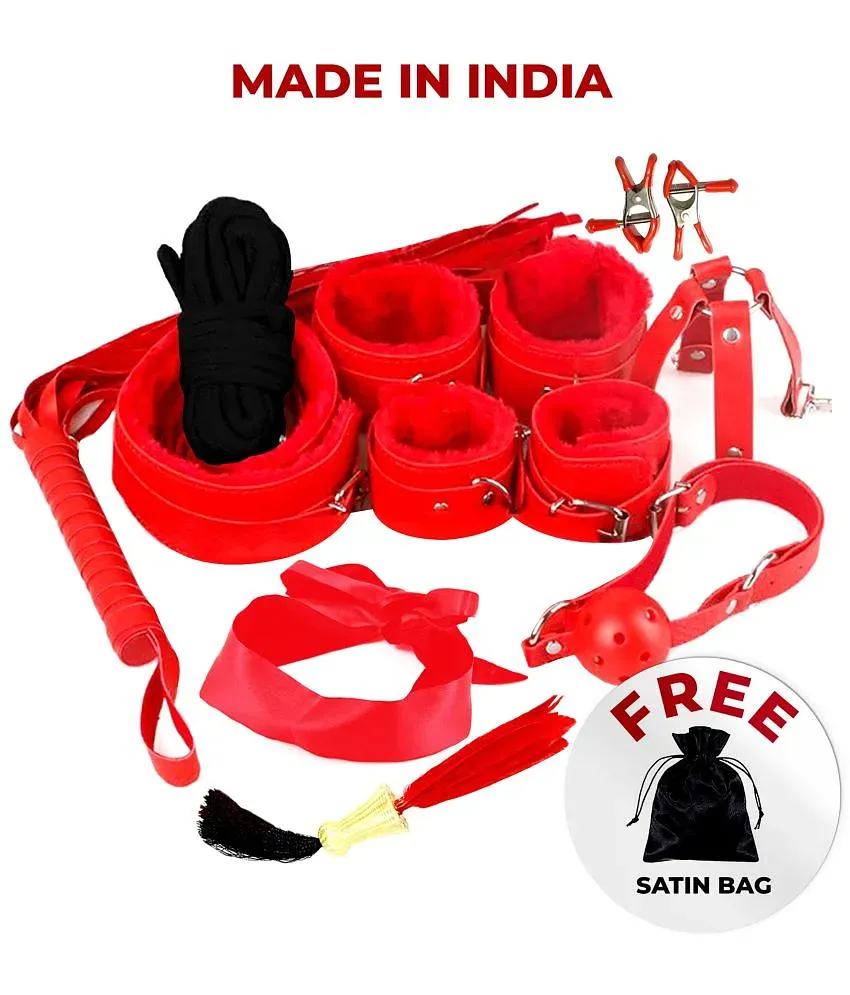 Kamuk Life Red Leather BDSM Bondage sex toy Kit for Adult party fun,  honeymoon couples, SM Domination, sexy fun Adult vibrator gifting includes  Handcuffs nipple clamps flogger blindfold mouth gag hogtie ankle