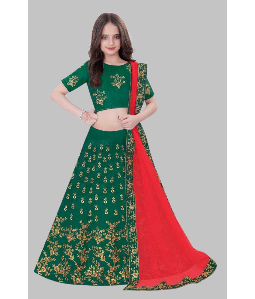     			MATHAE - Green Satin Girls Lehenga Choli Set ( Pack of 1 )