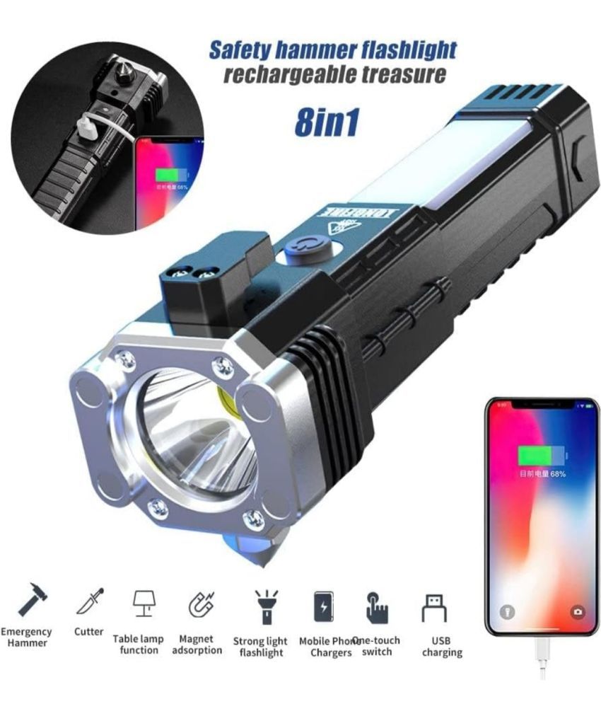     			Portable Rechargeable Torch LED Flashlight Long Distance Beam Range with Power Bank, Hammer and Strong Magnets,Window