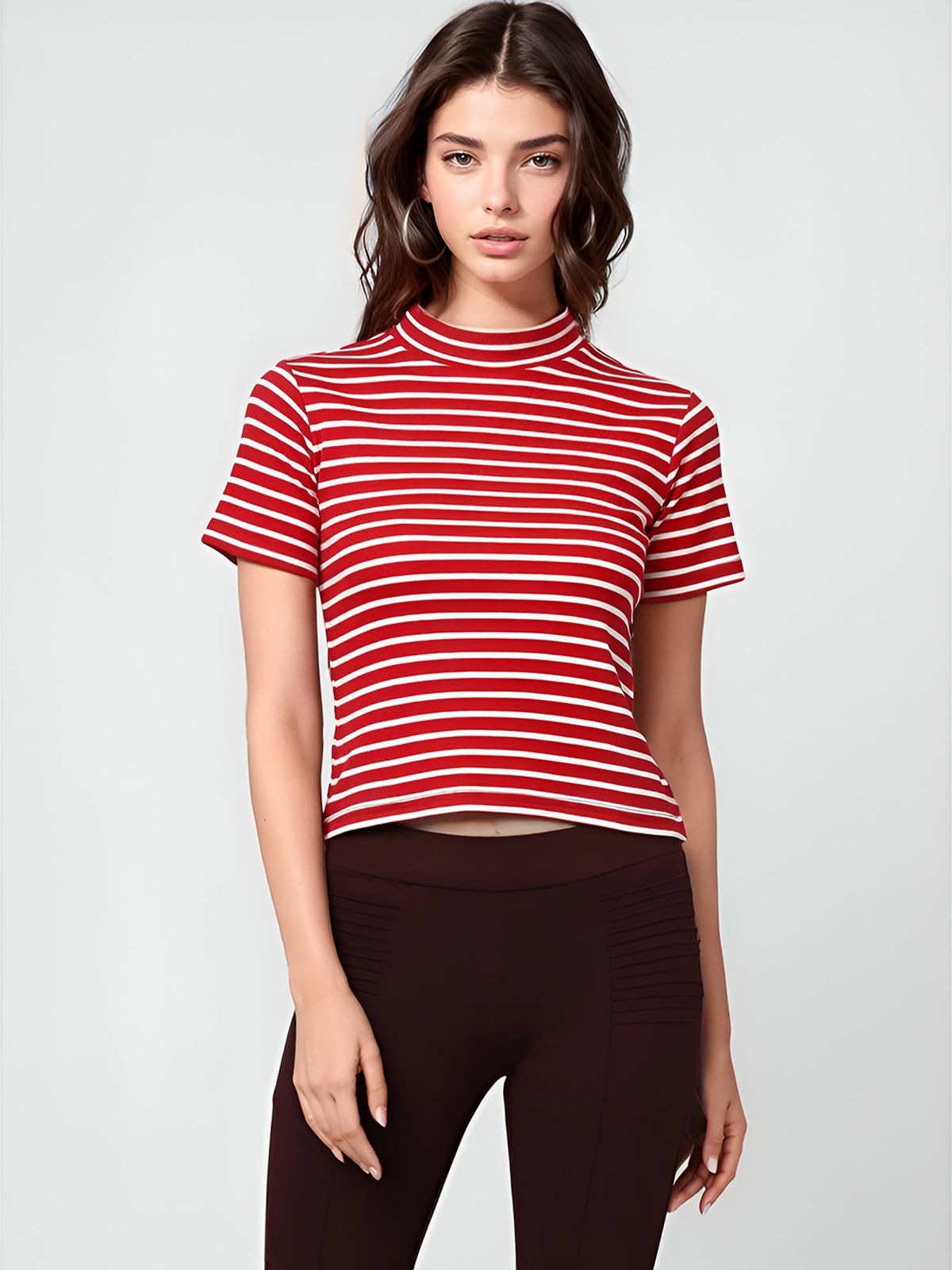     			UrbanMark Women High Neck Striped Half Sleeves T-Shirt - Red