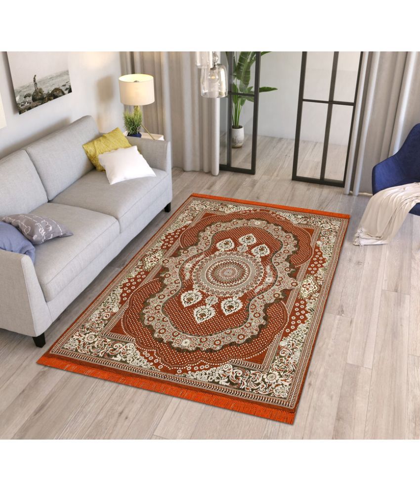    			FURNISHING HUT Orange Cotton Carpet Abstract 5x7 Ft