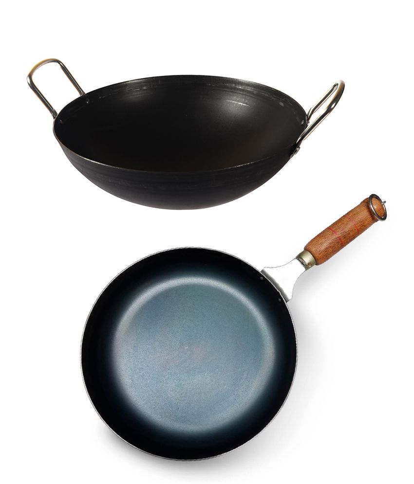     			HOMETALES Iron Cookware Set of 2, 8 Inch Kadhai (1300ml) & 8 Inch Frypan (Dia 20cm), 2 mm Thickness