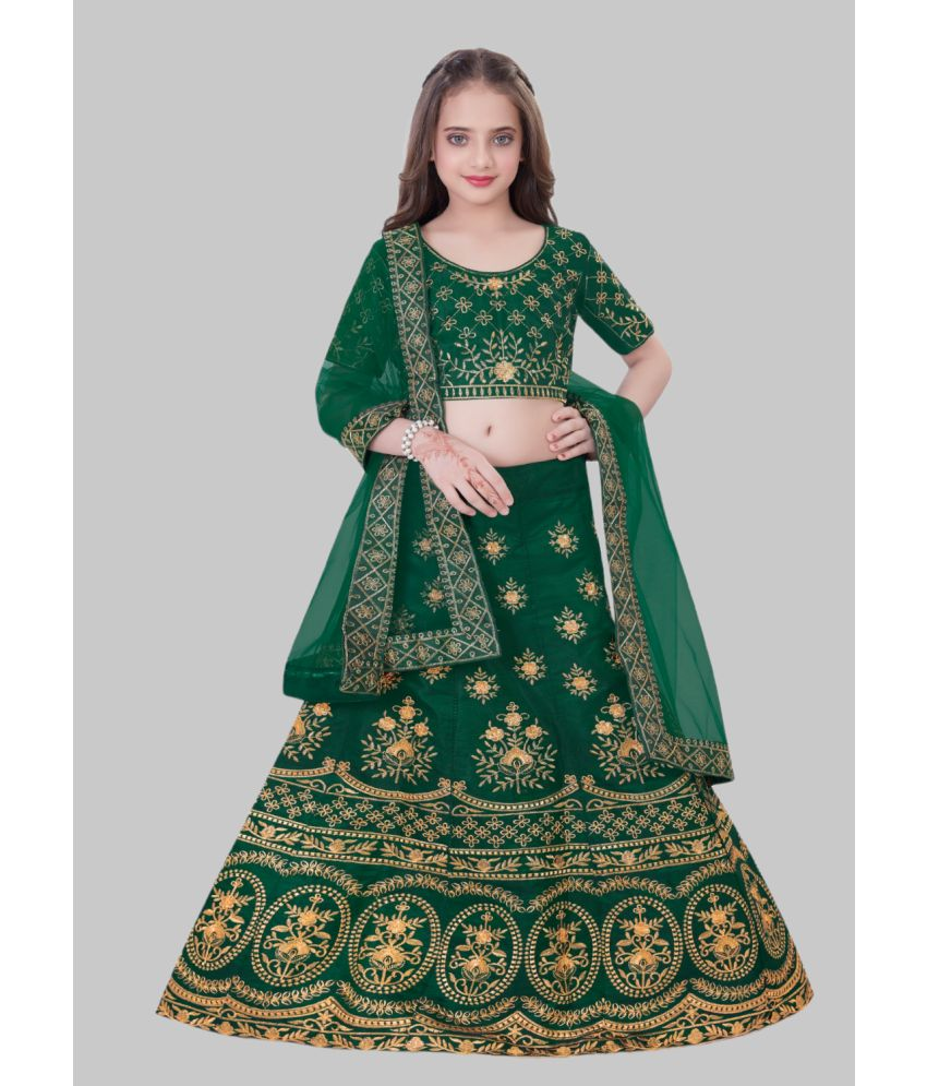     			MATHAE - Green Satin Girls Lehenga Choli Set ( Pack of 1 )