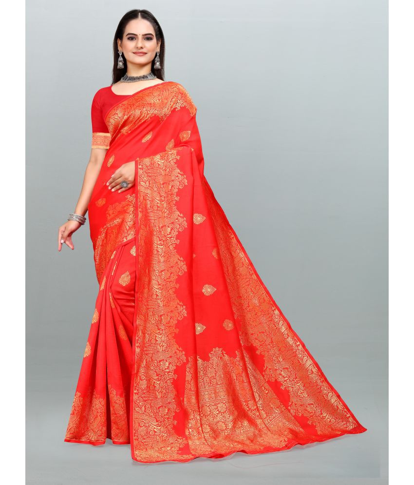     			Om Shantam Sarees - Red Banarasi Silk Saree With Blouse Piece ( Pack of 1 )