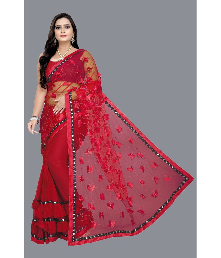     			VANRAJ CREATION - Red Net Saree With Blouse Piece ( Pack of 1 )