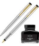 Parker Vector Stainless Steel GT Fountain Pen + Ball Pen + Quink Ink Bottle - Black (30ML)