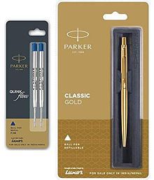 Parker Classic Gold Ball Pen With (Parker Quink Flow Refill Combo Pack 2 - Blue Ink)