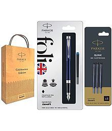 Parker Folio Standard Fountain Stainless Steel Trim Pen With Black Quink Ink Cartridges (Blue+)
