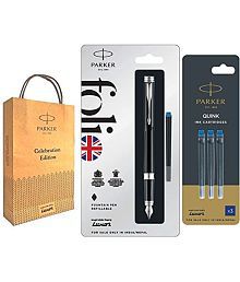 Parker Folio Standard Fountain Stainless Steel Trim Pen With Blue Quink Ink Cartridges (Black+)