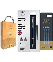 Parker Folio Standard Fountain Stainless Steel Trim Pen With Blue Quink Ink Cartridges (Blue+)