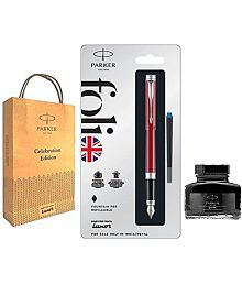 Parker Folio Standard Fountain Stainless Steel Trim Pen With Black Quink Ink Cartridges (Red+)