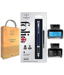 Parker Folio Standard Fountain Stainless Steel Trim Pen With Blue+Black Quink Ink Bottle
