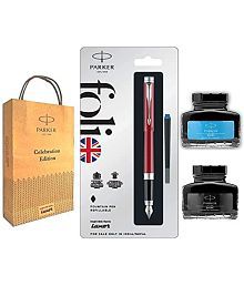 Parker Folio Standard Fountain Stainless Steel Trim Pen With Blue+Black Quink Ink Bottle (Red+)