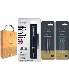 Parker Folio Standard Fountain Stainless Steel Trim Pen With Blue and Black Quink Ink Cartridges (Black+)