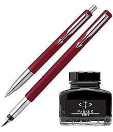 Parker Vector Standard Sets Fountain Pen + Ball Pen - Red + Quink Ink Bottle - Black (30ML)