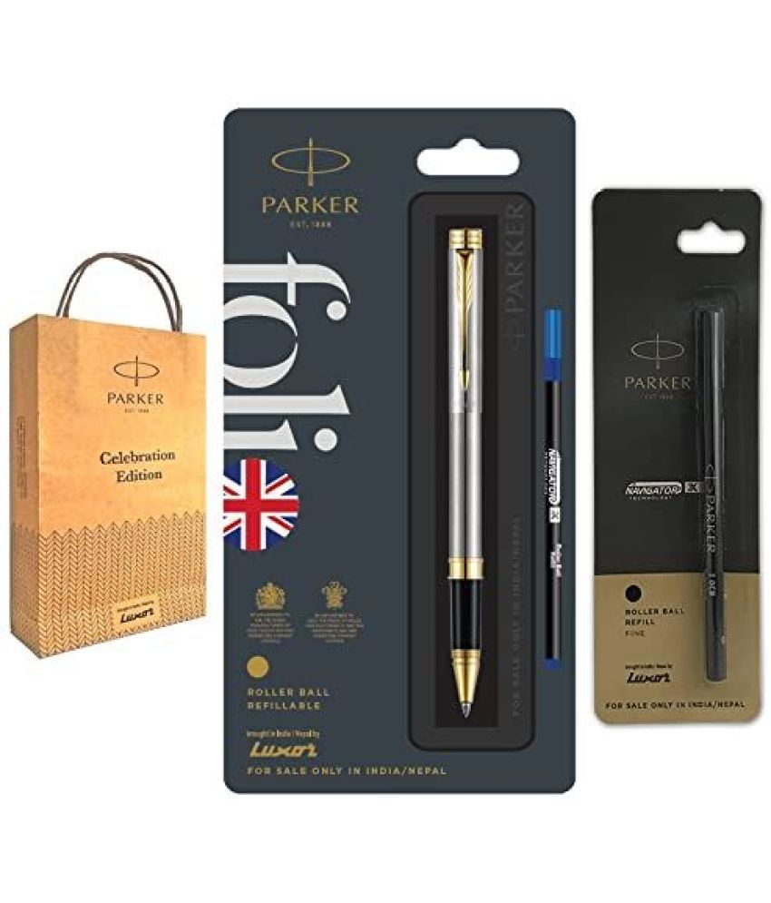     			Parker Folio Stainless Steel Gold Trim Roller Pen with With Black X Navigator Refills