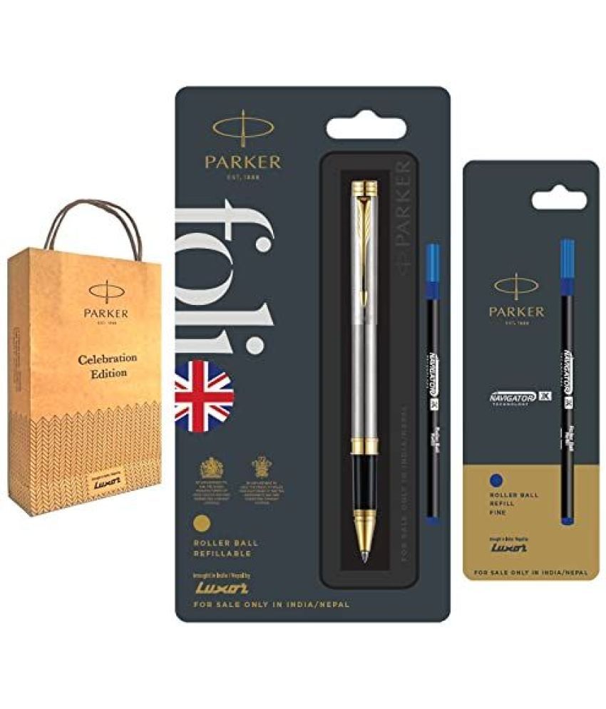     			Parker Folio Stainless Steel Gold Trim Roller Pen with With Blue X Navigator Refills