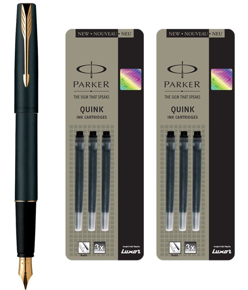     			Parker Frontier Matte Black GT Fountain Pen + Quink Ink Cartridge - Black (Pack of 6)