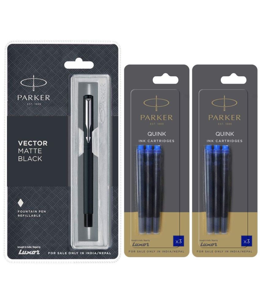     			Parker Vector Matte Black CT Fountain Pen + Quink Ink Cartridge - Blue (Pack of 6)