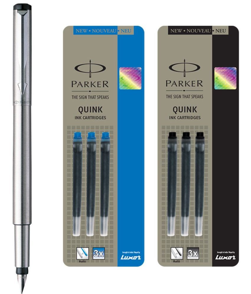    			Parker Vector Stainless Steel CT Fountain Pen + Quink Ink Cartridge - Black & Blue (Pack of 6)