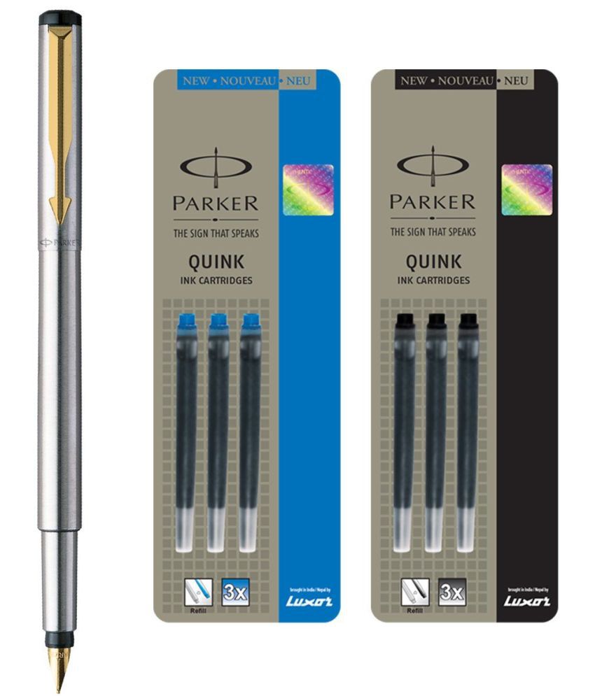     			Parker Vector Stainless Steel GT Fountain Pen + Quink Ink Cartridge - Black & Blue (Pack of 6)