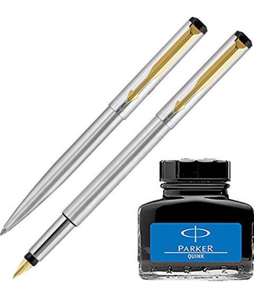     			Parker Vector Stainless Steel GT Fountain Pen + Ball Pen + Quink Ink Bottle - Blue (30ML)