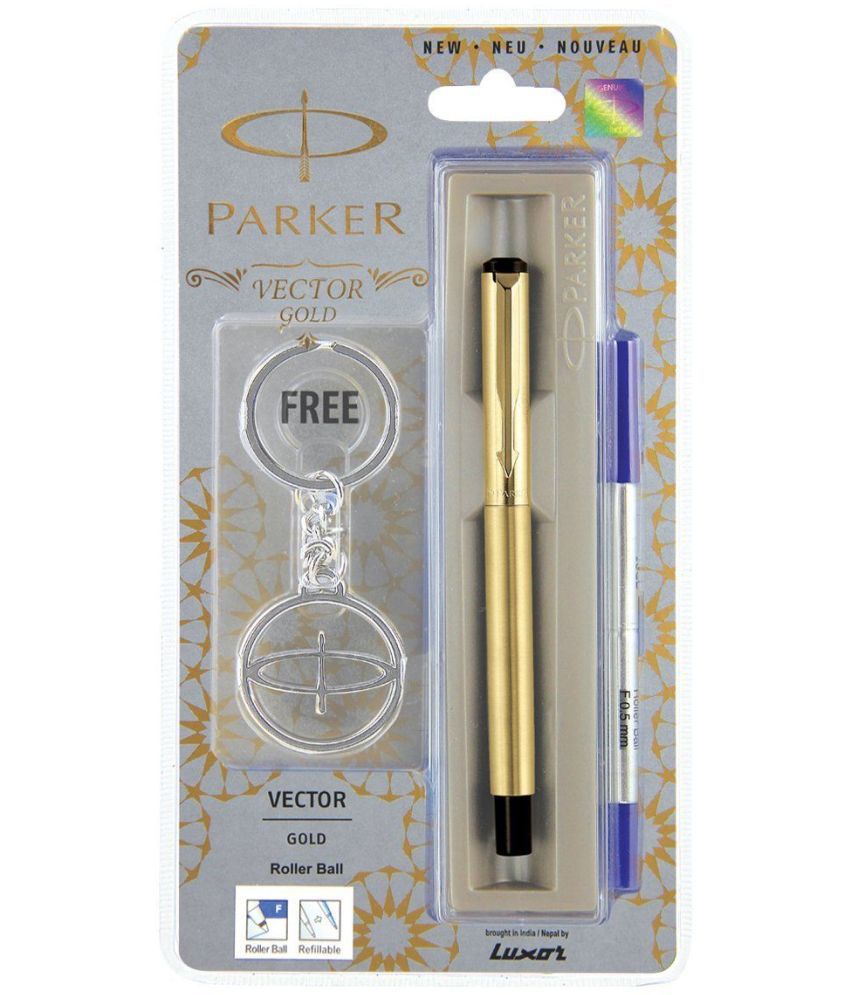     			Parker Vector Stainless Steel Roller Ball Pen Plus Key Chain (Gold), Pack Of 3