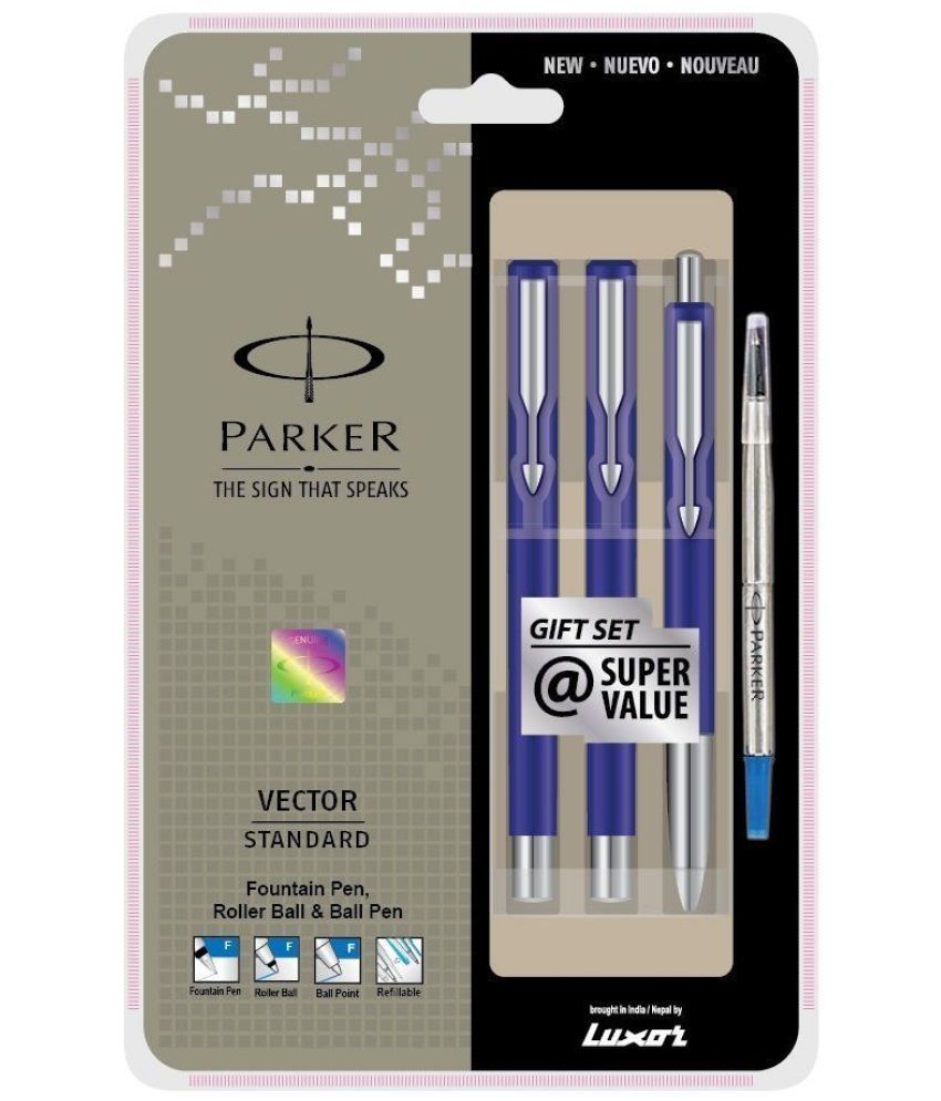     			Parker Vector Standard Fountain Pen, Roller Ball Pen and Ball Pen - (Blue), Pack of 2