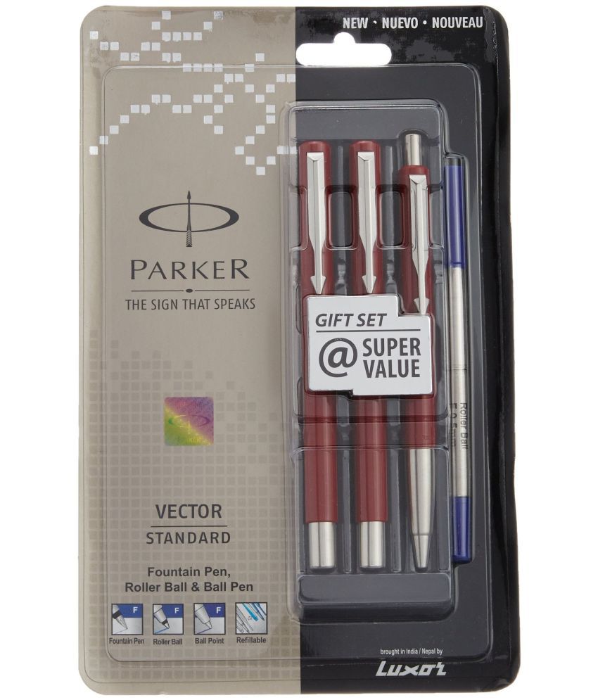     			Parker Vector Standard Fountain Pen, Roller Ball Pen and Ball Pen (Red)