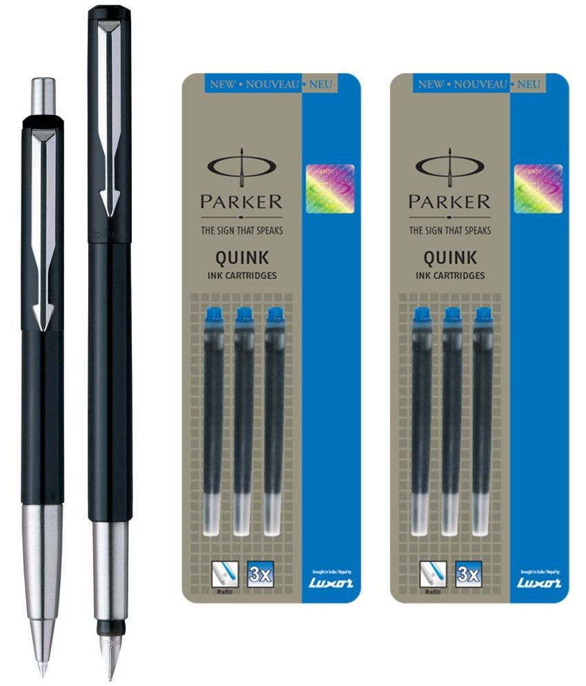    			Parker Vector Standard Sets Fountain Pen + Ball Pen - Black + Quink Ink Cartridge - Blue (Pack of 6)