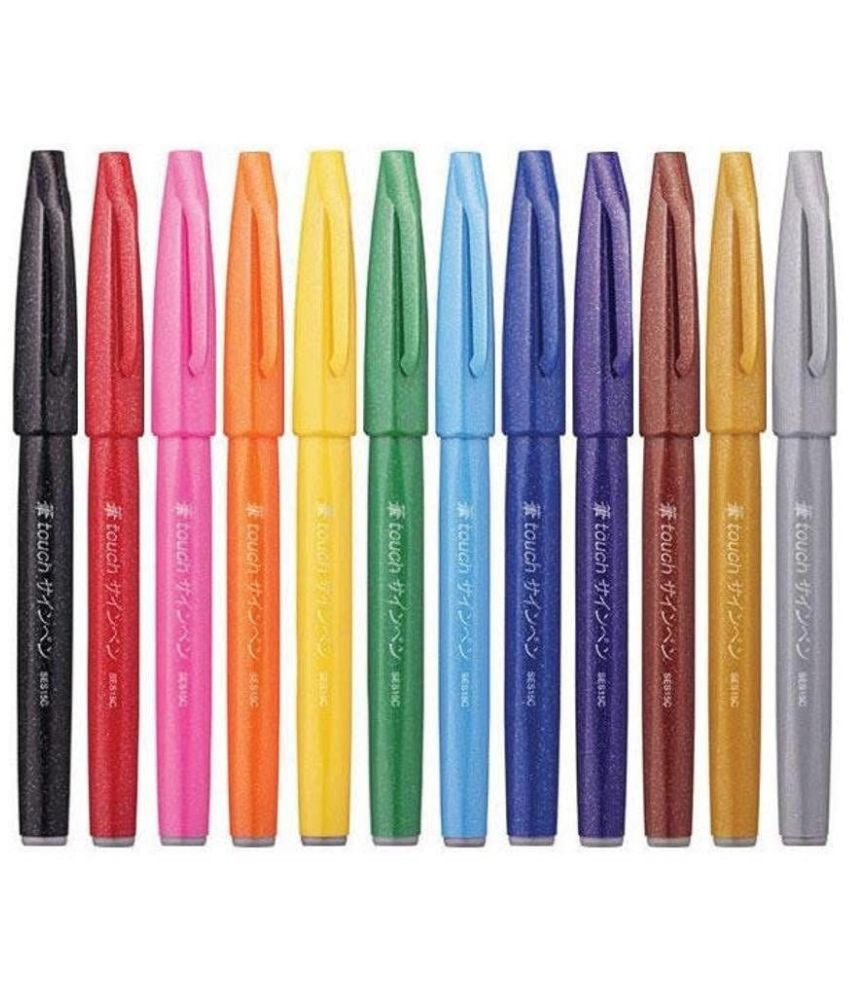     			Pentel Arts Sign Pen Brsh Tip, 12 Assorted Colors in Marker Stand (SES15CPC12)