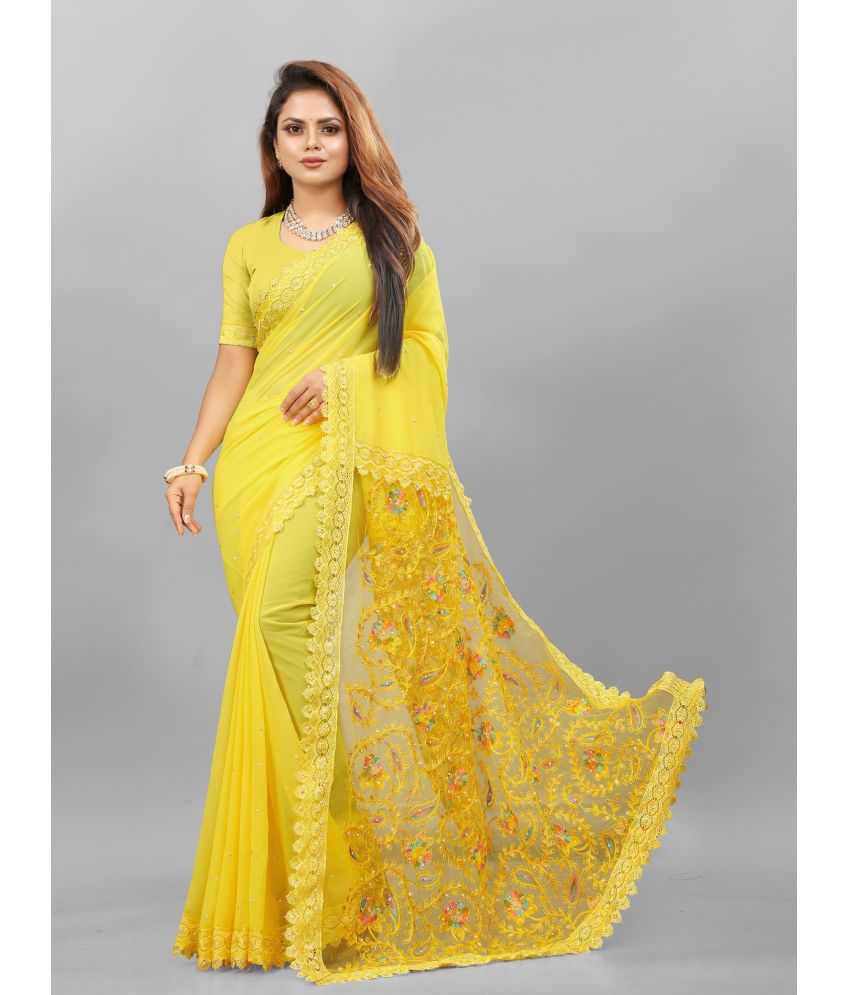     			JULEE - Yellow Georgette Saree With Stitched Blouse ( Pack of 1 )