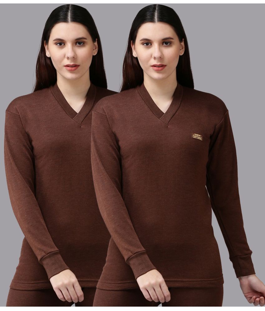     			Lux Cottswool Cotton Blend Thermal Tops - Brown Pack of 2