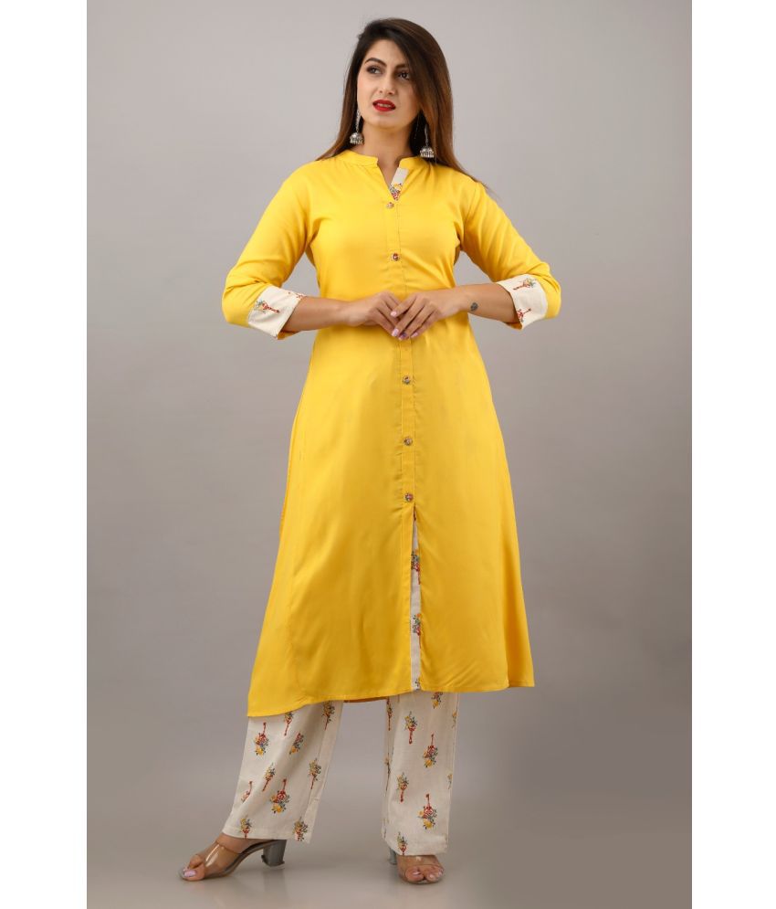     			MAUKA - Yellow Front Slit Rayon Women's Stitched Salwar Suit ( Pack of 1 )