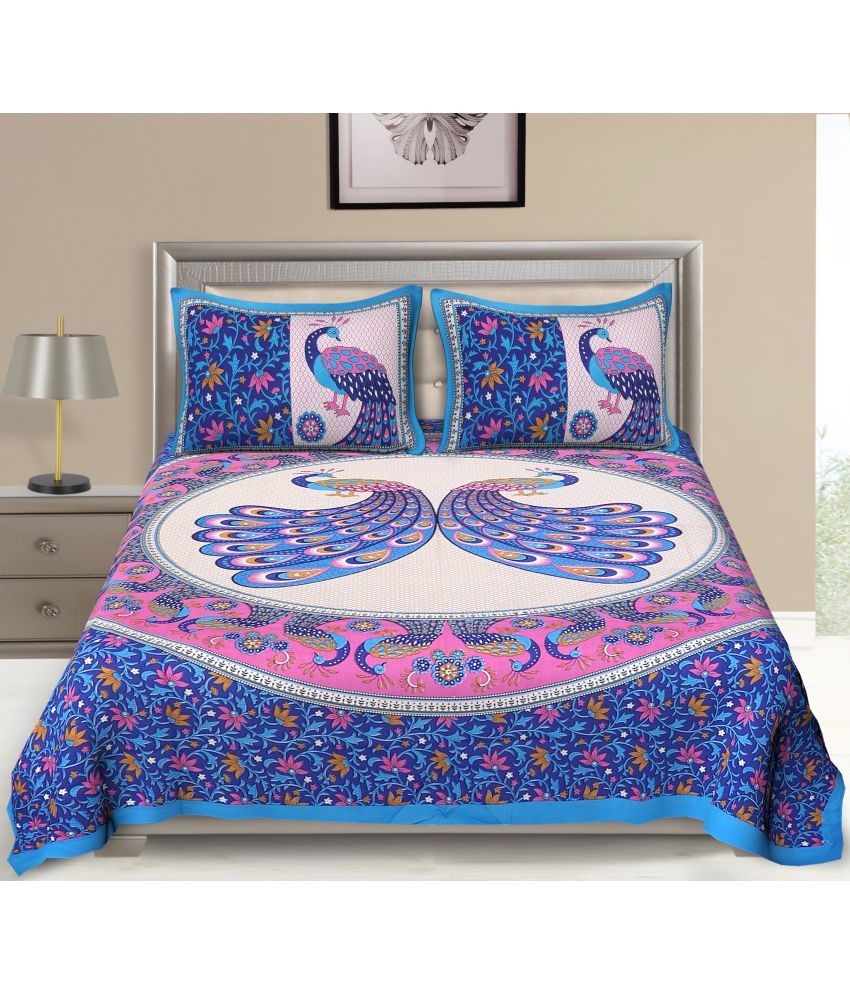     			Uniqchoice Cotton Floral Double Bedsheet with 2 Pillow Covers - Blue